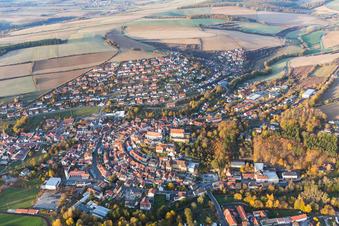 Aerial photograpy of Town View of the streets and houses of the residential areas in Arnstein in the state Bavaria, Germany
