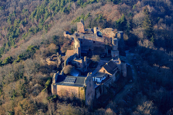 Aerial photograpy of Madenburg Castle Ruins: Remains of an 11th-century hilltop castle surrounded by forests with a restaurant in Eschbach in the state Rhineland-Palatinate, Germany