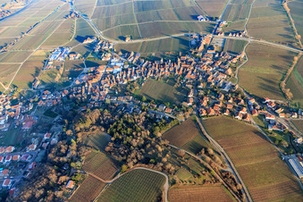 Wine village in winter from the west in Burrweiler in the state Rhineland-Palatinate, Germany