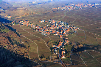 Aerial view of Wine-growing village in winter from the southwest in Weyher in der Pfalz in the state Rhineland-Palatinate, Germany