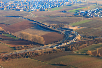 Aerial view of New construction of the Landau Nord junction for the B272 on the A65 motorway in the district Dammheim in Landau in der Pfalz in the state Rhineland-Palatinate, Germany