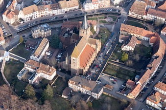 Aerial photograpy of Church building of the cathedral of Abbey Sts Peter ond Paul in Wissembourg in Grand Est, France