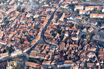 Aerial view of Old Town area and city center in Wissembourg in Grand Est, France