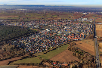 Aerial view of City view from the south in Rülzheim in the state Rhineland-Palatinate, Germany