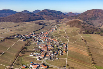View of a winegrowing village from the east in winter without snow in Ranschbach in the state Rhineland-Palatinate, Germany