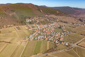 View of a winegrowing village from the south in winter without snow in Gleisweiler in the state Rhineland-Palatinate, Germany