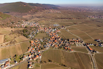 View of a winegrowing village from the south in winter without snow in Burrweiler in the state Rhineland-Palatinate, Germany