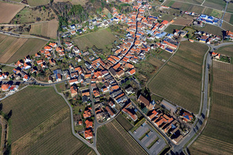 View of the winegrowing village in winter from the southwest in Burrweiler in the state Rhineland-Palatinate, Germany
