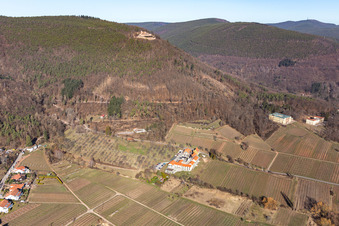 Aerial view of Complex of the hotel building Wohlfuehlhotel Alte Rebschule and Gasthaus Sesel in Rhodt unter Rietburg in the state Rhineland-Palatinate, Germany