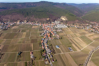 Aerial photograpy of Almond ring in the district Haardt in Neustadt an der Weinstraße in the state Rhineland-Palatinate, Germany