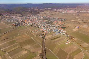 View of a winegrowing village from the southeast in winter without snow in Wachenheim an der Weinstraße in the state Rhineland-Palatinate, Germany