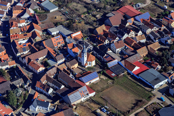 Aerial view of Protestant St. Martin's Church in Gönnheim in the state Rhineland-Palatinate, Germany