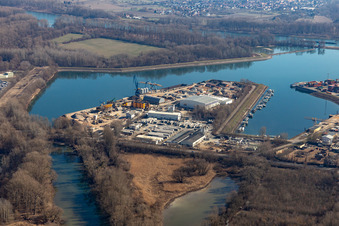 Quays and boat moorings at the port of the inland port of the Rhine river in Germersheim in the state Rhineland-Palatinate, Germany