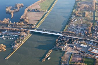 Construction to renovation work on the road bridge structure " Rheinbruecke Maxau " in the district Knielingen in Karlsruhe in the state Baden-Wurttemberg, Germany