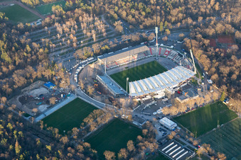 Wildparkstadion, construction site in the district Innenstadt-Ost in Karlsruhe in the state Baden-Wuerttemberg, Germany seen from above