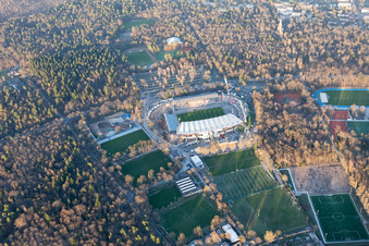 Wildparkstadion, construction site in the district Innenstadt-Ost in Karlsruhe in the state Baden-Wuerttemberg, Germany from the plane