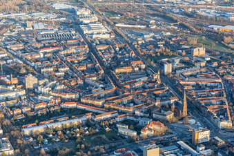 Karl-Wilhelmstraße and Durlacher Allee and St. Bernhard Church in the district Oststadt in Karlsruhe in the state Baden-Wuerttemberg, Germany