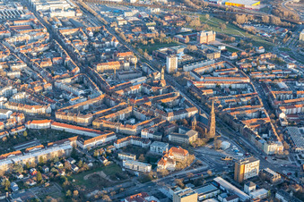 Aerial view of Karl-Wilhelmstraße and Durlacher Allee and St. Bernhard Church in the district Oststadt in Karlsruhe in the state Baden-Wuerttemberg, Germany
