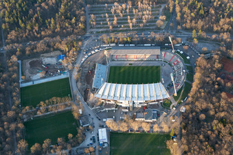 Aerial view of Extension and conversion site on the sports ground of the stadium "Wildparkstadion" of the KSC in Karlsruhe in the state Baden-Wurttemberg, Germany