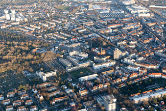 Aerial view of Max Rubner Institute, Höpfner Brewery Burghof in the district Oststadt in Karlsruhe in the state Baden-Wuerttemberg, Germany