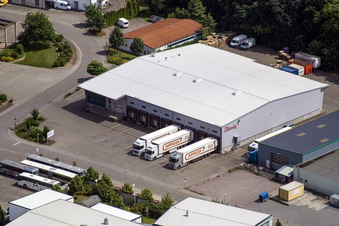 Aerial view of Industrial area Am Gäswald Spedition Iberia in Herxheim bei Landau in the state Rhineland-Palatinate, Germany
