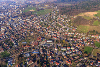 From the southwest with Hexentalschule and Forum Merzhausen in Merzhausen in the state Baden-Wuerttemberg, Germany
