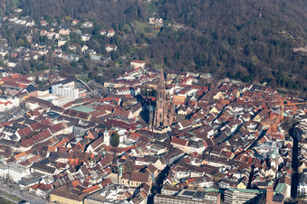 Aerial view of Muenster in the district Altstadt in Freiburg im Breisgau in the state Baden-Wuerttemberg, Germany