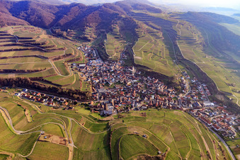 View of the winegrowing village from the north in the district Kiechlinsbergen in Endingen am Kaiserstuhl in the state Baden-Wuerttemberg, Germany