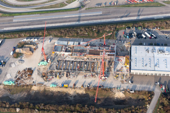 Aerial view of Construction site for the new building and Erweiterung of and expansion of the truck development and testing center in the district Industriegebiet Woerth-Oberwald in Woerth am Rhein in the state Rhineland-Palatinate, Germany