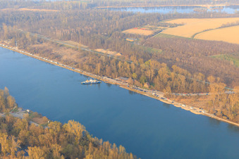 Aerial view of Rhine by ferry to Leimersheim in the district Leopoldshafen in Eggenstein-Leopoldshafen in the state Baden-Wuerttemberg, Germany