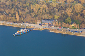 Oblique view of Rhine by ferry to Leimersheim in the district Leopoldshafen in Eggenstein-Leopoldshafen in the state Baden-Wuerttemberg, Germany