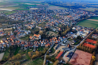 Aerial view of TuS 04 Hördt e. V. sports field, St. George's Catholic Church and gymnasium and festival hall Hördt in Hördt in the state Rhineland-Palatinate, Germany