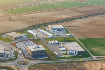 Aerial view of Market Hall 5, TRANSAC Logistics GmbH and Kardex Software GmbH in Rülzheim in the state Rhineland-Palatinate, Germany