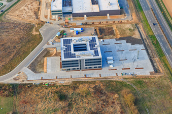 Aerial view of FISCHER and MTS MarkenTechnikService GmbH & Co. KG in Rülzheim in the state Rhineland-Palatinate, Germany