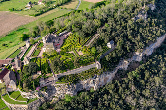 Aerial view of Park and gardenss of the castle Marqueyssac above the Dordogne in Vezac in Nouvelle-Aquitaine, France