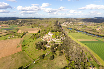 Aerial photograpy of Park and gardenss of the castle Marqueyssac above the Dordogne in Vezac in Nouvelle-Aquitaine, France