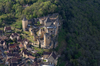Aerial photograpy of Castle of Chateau de Castelnaud-la-Chapelle in Castelnaud-la-Chapelle in Nouvelle-Aquitaine, France
