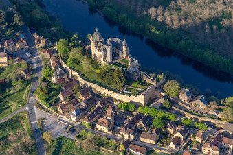 Aerial view of Castle of Montfort above the Dordogne in Vitrac in Nouvelle-Aquitaine, France