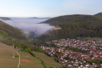 Aerial view of Landeck Castle in the morning mist in Klingenmünster in the state Rhineland-Palatinate, Germany