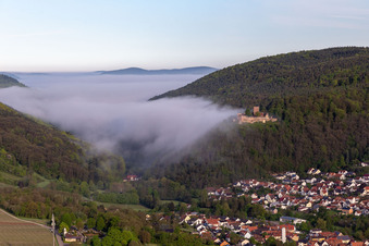 Aerial photograpy of Landeck Castle in the morning mist in Klingenmünster in the state Rhineland-Palatinate, Germany