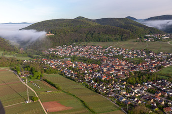Oblique view of Landeck Castle in the morning mist in Klingenmünster in the state Rhineland-Palatinate, Germany