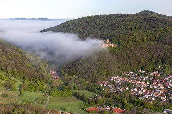 Landeck Castle in the morning mist in Klingenmünster in the state Rhineland-Palatinate, Germany from above