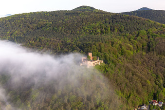 Landeck Castle in the morning mist in Klingenmünster in the state Rhineland-Palatinate, Germany out of the air