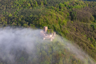 Landeck Castle in the morning mist in Klingenmünster in the state Rhineland-Palatinate, Germany seen from above