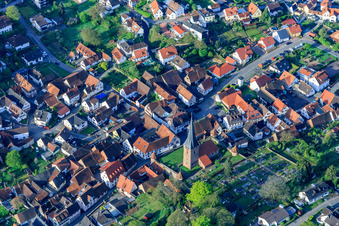 Aerial view of Cemetery Dörrenbach at the St. Martin Simultan Church in Dörrenbach in the state Rhineland-Palatinate, Germany