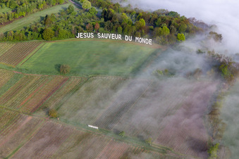 Aerial photograpy of Jesus Saveur du Monde, Hannesacker in Rott in the state Bas-Rhin, France