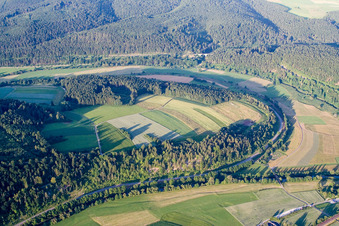 Aerial view of Curved loop of the riparian zones on the course of the river of the river Danube in Tuttlingen in the state Baden-Wurttemberg