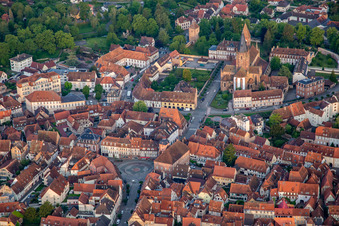 Aerial view of Circular Place in front of Tourist Office in Wissembourg in Grand Est, France