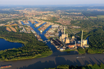 Aerial photograpy of Karlsruhe Rhine ports from the west in the district Daxlanden in Karlsruhe in the state Baden-Wuerttemberg, Germany