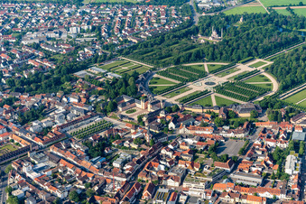 Aerial view of Rokoko Park of Gardens and Castle of Schwetzingen in Schwetzingen in the state Baden-Wurttemberg, Germany